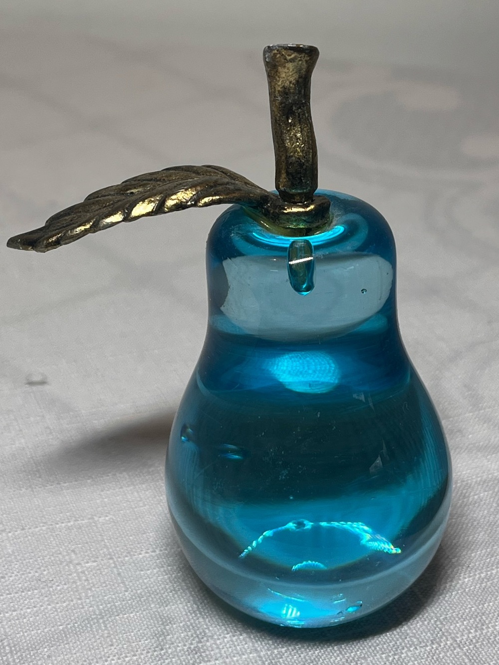 Vintage Mid-Century Modern Blue Art Glass Pear Paperweight with Metal Stem